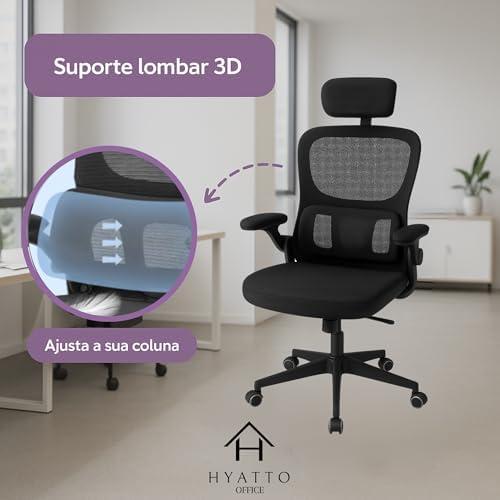 Cadeira de Escritório Ergonômica Giratória, Malha Respirável, Estofado Mesh. Modelo Tipo Presidente, Mecanismo de Elevação a gás, Rodinhas silenciosas. Preta. | HYATTO OFFICE | Cadeira Ergonômica De Escritório Hyatto Office