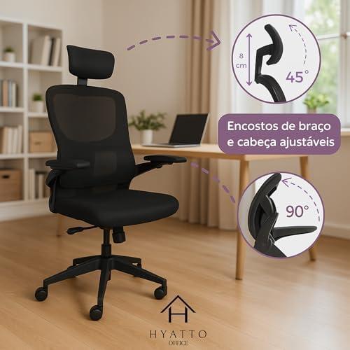Cadeira de Escritório Ergonômica Giratória, Malha Respirável, Estofado Mesh. Modelo Tipo Presidente, Mecanismo de Elevação a gás, Rodinhas silenciosas. Preta. | HYATTO OFFICE | Cadeira Ergonômica De Escritório Hyatto Office