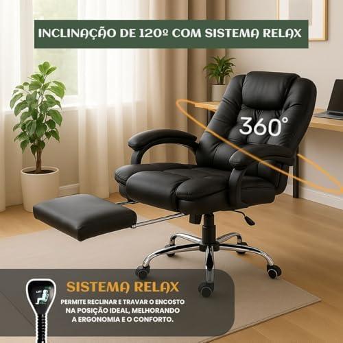 Cadeira De Escritório Itália Presidente Ergonômica Couro Sintético Encosto Ajustável Com Trava E Apoio Para Pés Cor Preta Luvinco (Preto) Cadeira de Escritório Luvinco Itália Presidente