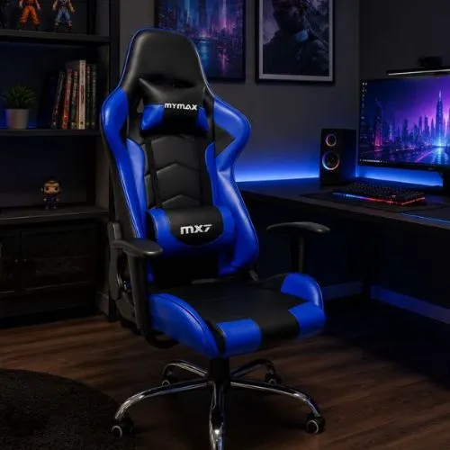 Cadeira Gamer Ergonômica Mymax MX7 Preto/Azul Apoios Reguláveis