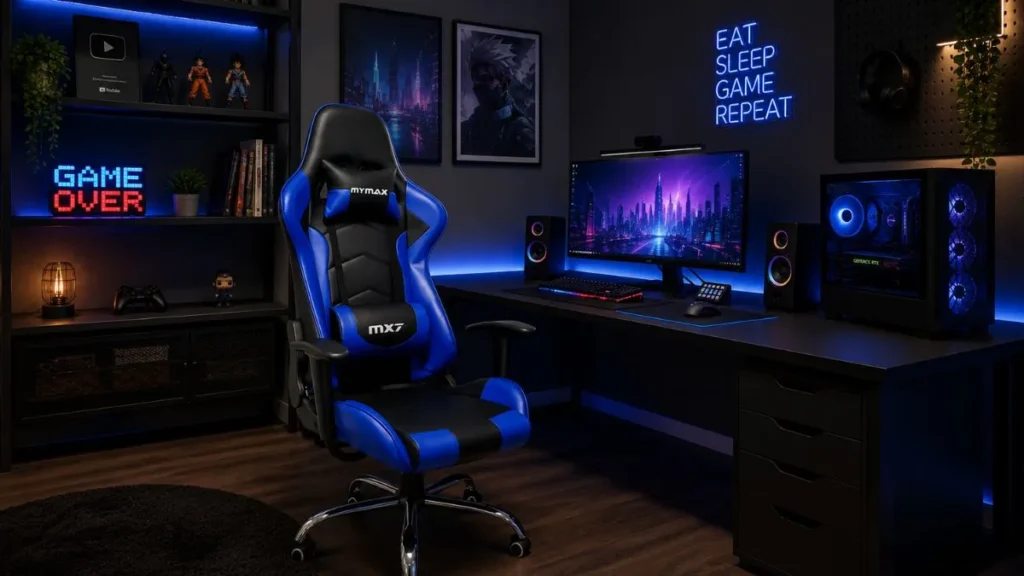 Cadeira Gamer Ergonômica Mymax MX7 Preto/Azul Apoios Reguláveis